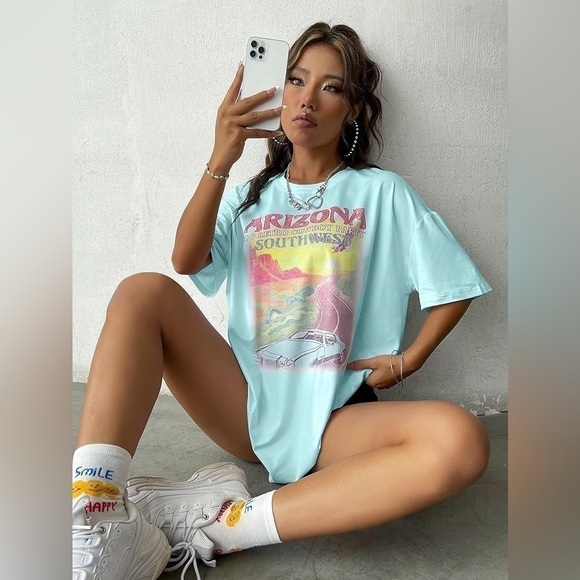 NEW Women’s OverSized Retro Pastel Blue Car Arizona Cowboy 🤠 T-Shirt | Size 4X - Picture 4 of 9